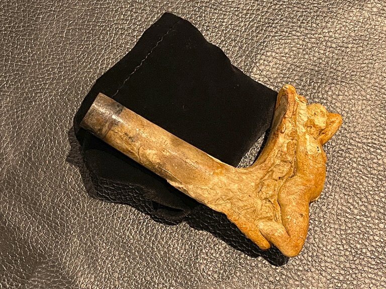 Wooden cane handle photographed with diffused light.