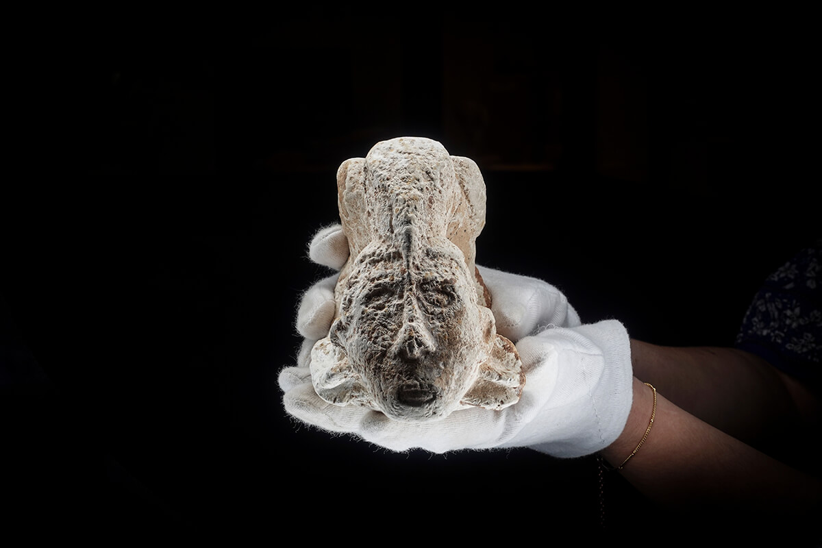 Hidden carved face on a stone pipe revealed by the Halumin H18 lighting device