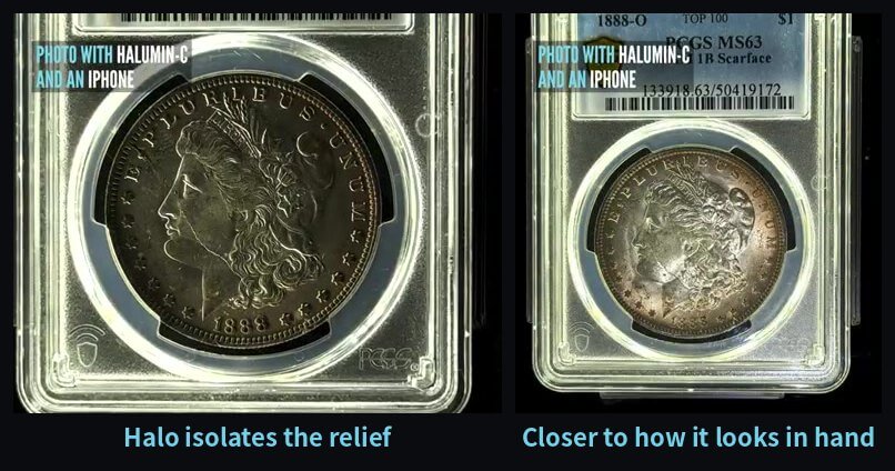 1888-O VAM-1B Scarface Morgan dollar in a PCGS MS63 slab, lit to isolate relief and then lit closer to how it looks in hand