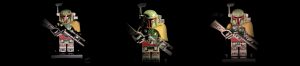 Boba Fett minifigure from a toy show shown in three lighting looks on black for LEGO minifigure photography
