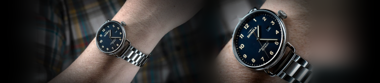Shinola watch on the wrist and a close-up of its dial, lit with a Halumin H18 lighting device