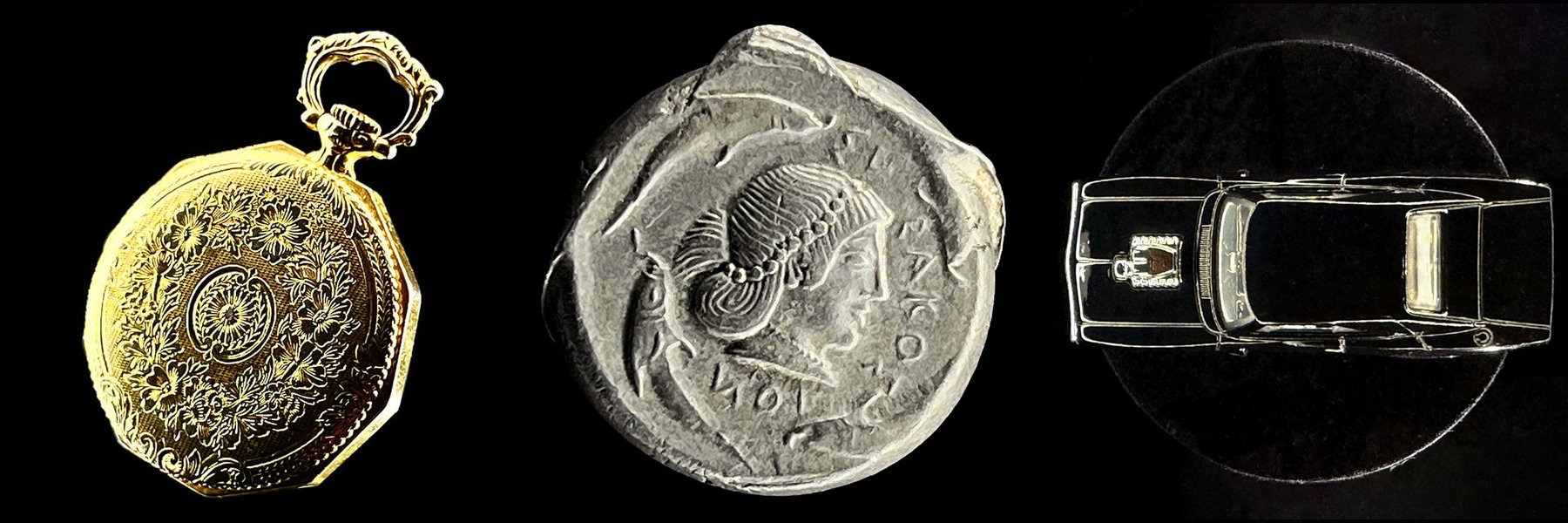 Three collectibles on black: an engraved gold pocket watch back, an ancient silver coin with a female head and dolphins, and a die-cast car seen from above, each photographed with Halumin lighting devices