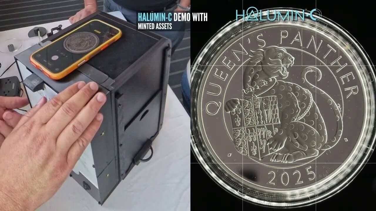 Jeremy Mason McGraw adjusting the Halumin-C halo with an iPhone on top, next to the live view of a Queen’s Panther silver proof