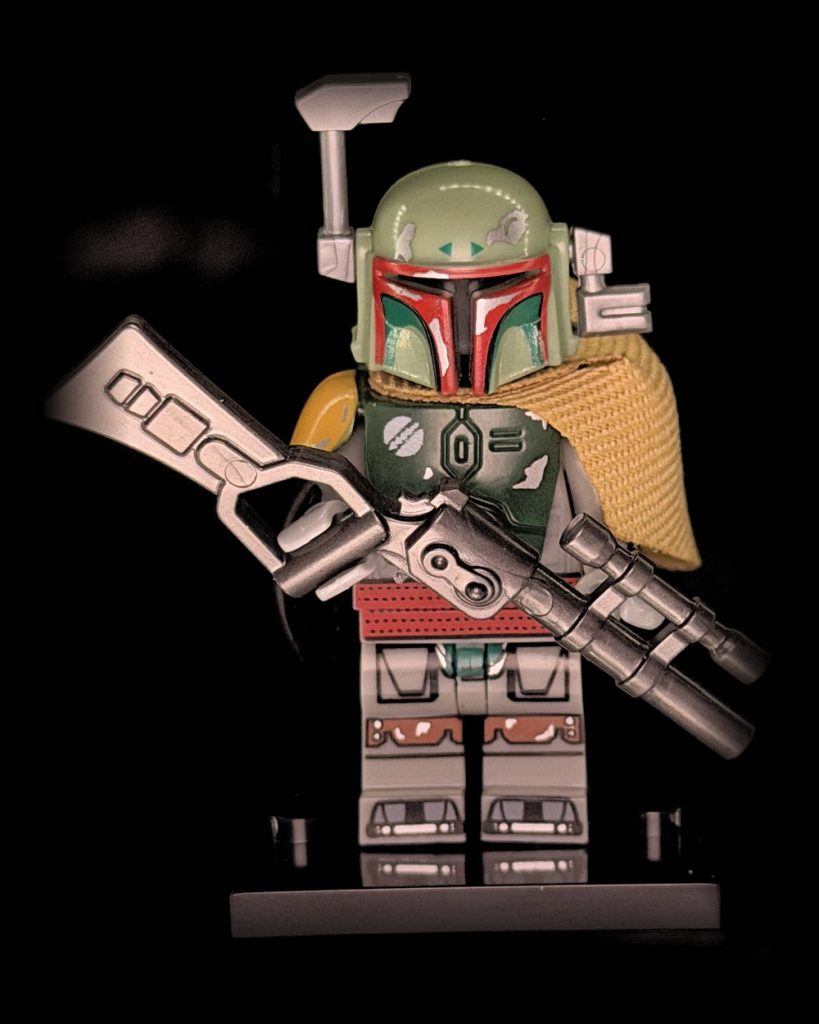 Boba Fett LEGO minifigure lit with a mix of Halumin-C Open Cylindrical™ and axial lighting