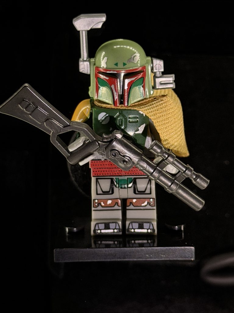Boba Fett LEGO minifigure lit with Halumin-C Open Cylindrical™ lighting, both hemispheres on