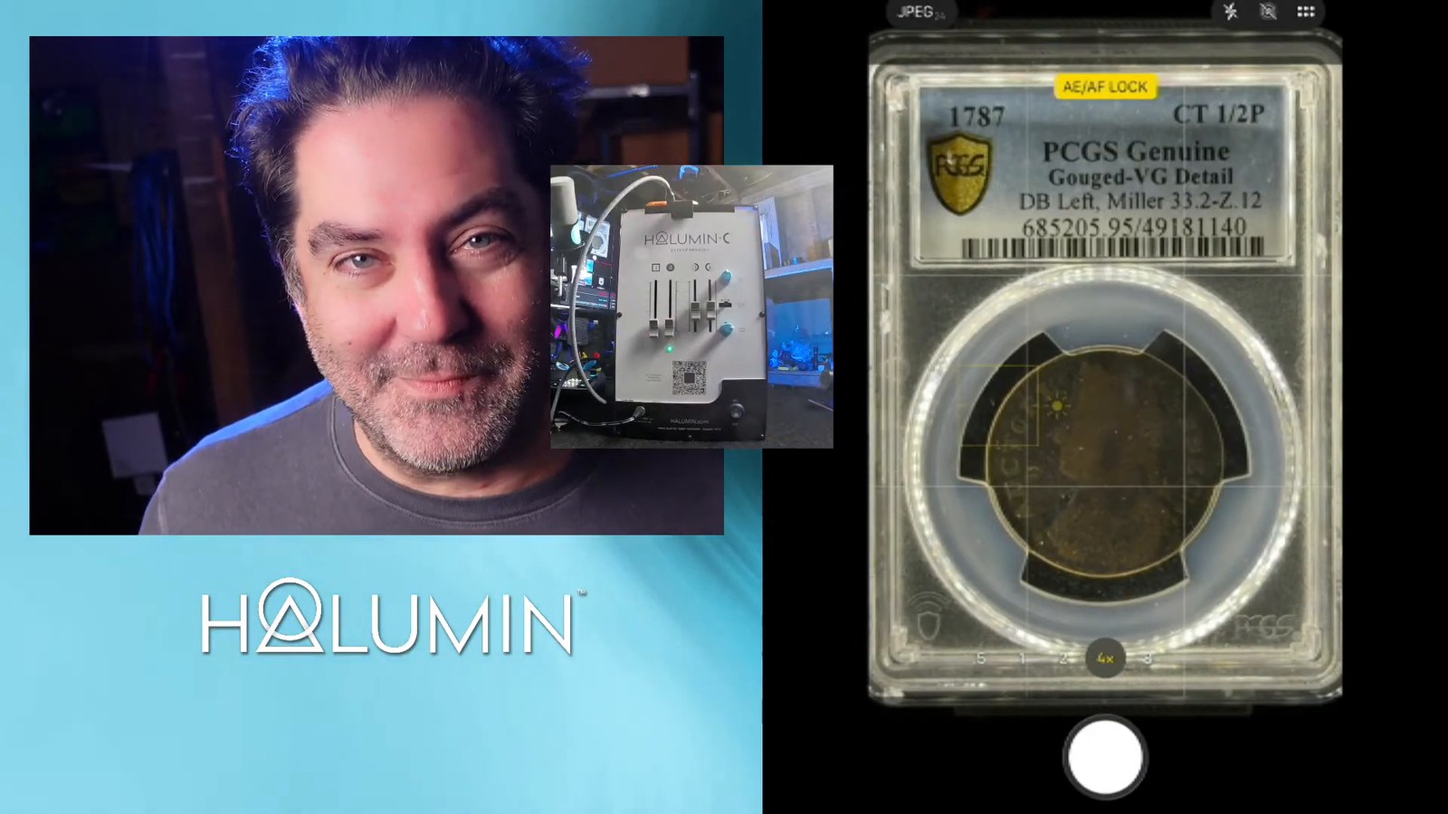 Live demo layout: host camera, Halumin-C control sliders and the iPhone camera view of a slabbed coin
