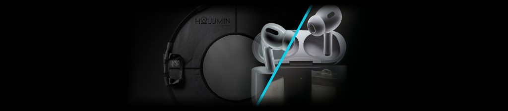 AirPods Pro and case lit on black in an Apple-style product photography setup with the Halumin H18