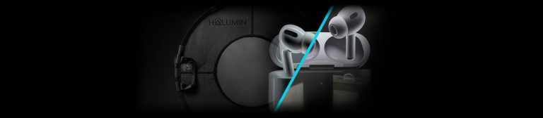 AirPods Pro and case lit on black in an Apple-style product photography setup with the Halumin H18