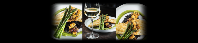 Three views of a plated walleye fillet with asparagus and a glass of white wine at Local Flavor, lit with the Halumin H18