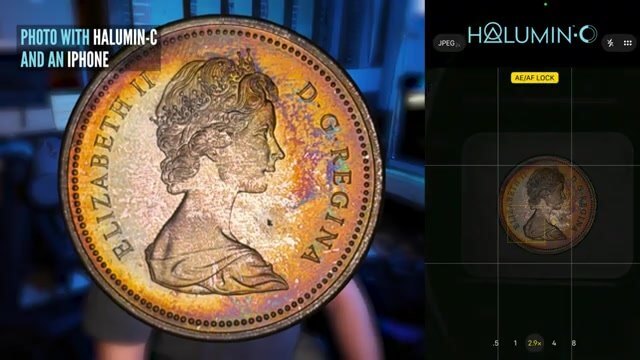 Vividly toned coin with a Queen Elizabeth II portrait photographed with the Halumin-C and an iPhone