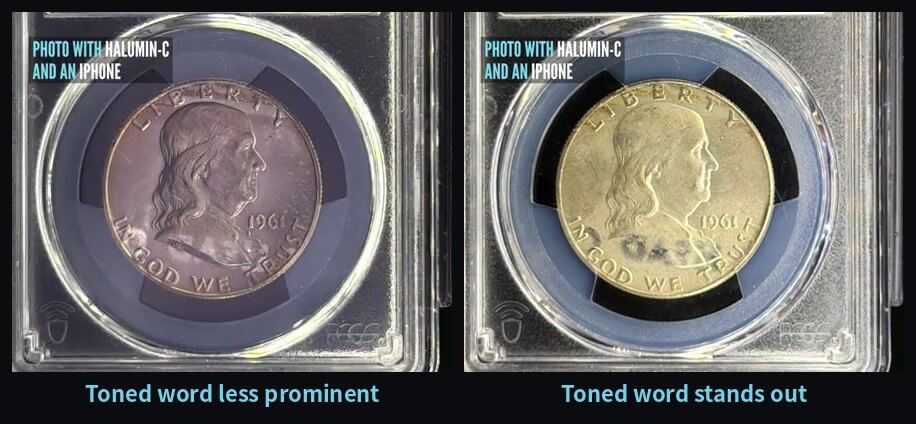 1961 Franklin half dollar with the word HEAD toned into its surface, shown under two Halumin-C lighting settings